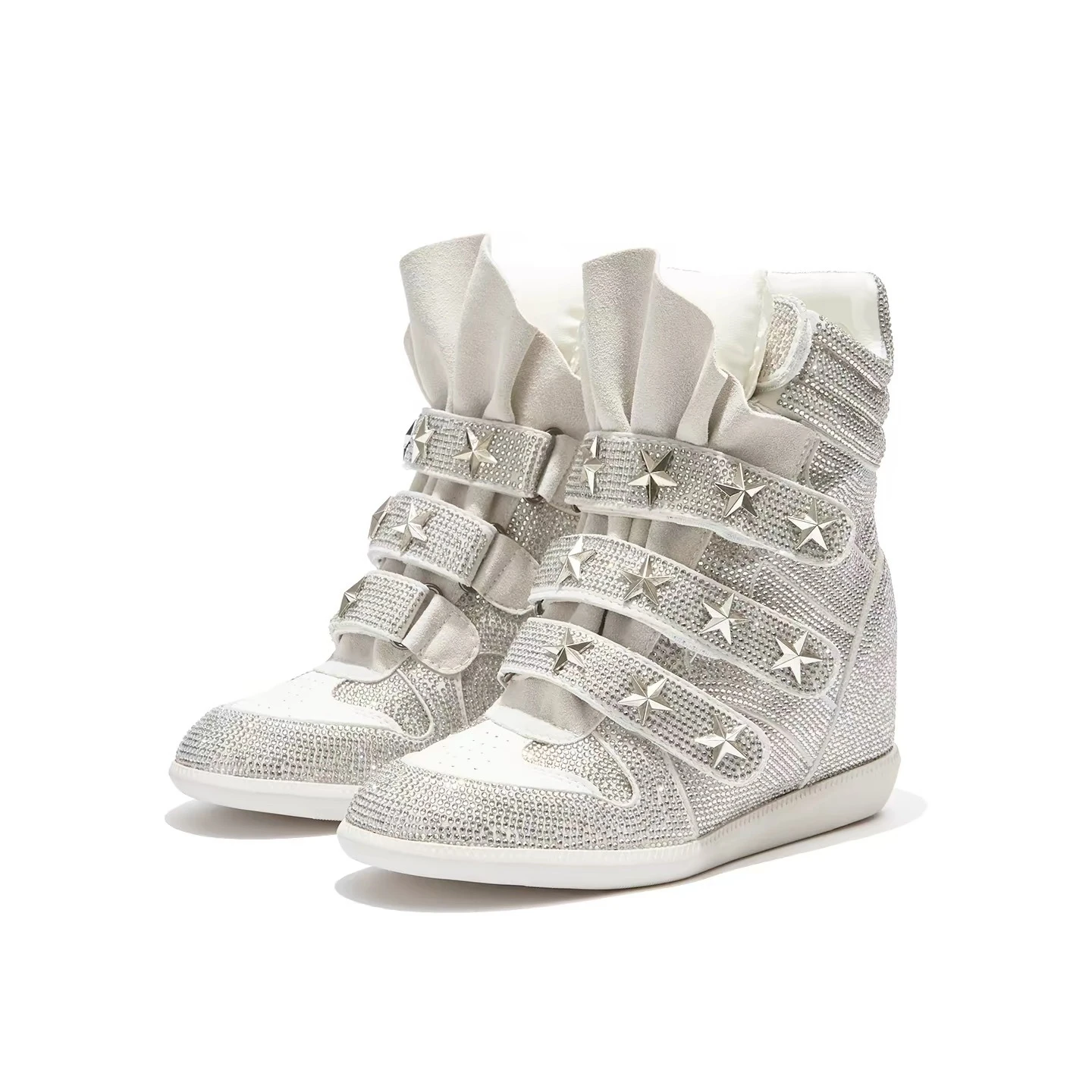 Beige Color Block Hidden Wedge Heel High Top Sneakers, Multi Velcro Straps Patchwork Suede Casual Platform Ankle Boots For Women