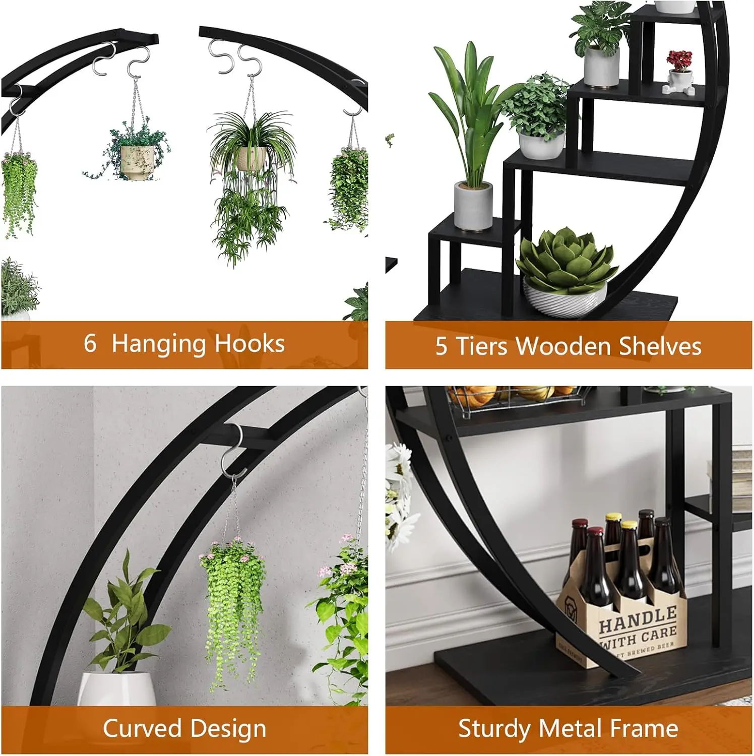 2pcs 5-Tier Metal Plant Stand Indoor Half Moon Shape Tall Garden Plant Holder Round Flower Shelf Rack for Home Patio Lawn Living - Image 4