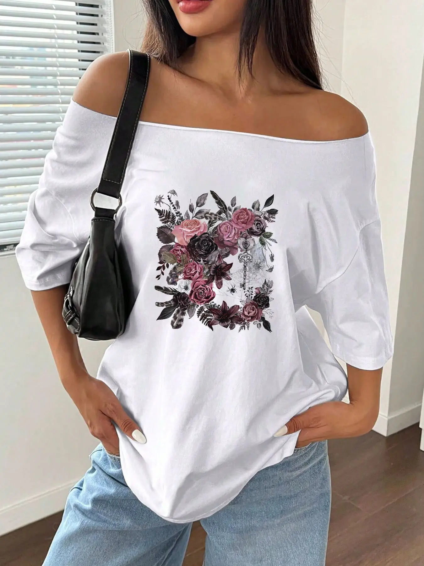 100% Cotton Plus Size Vintage Gothic Rose Key Print Shoulder Loose Print T-Shirt Oversized Y2K Style Graphic Tees Women Tops