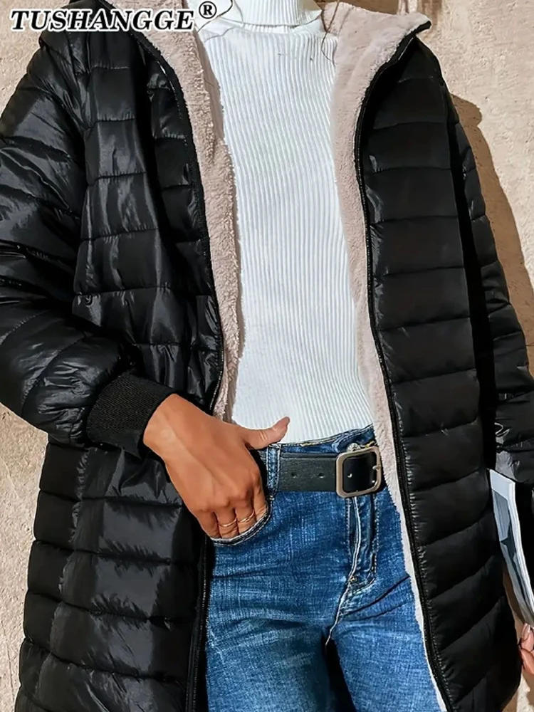 New Mid Length Korean Edition Hooded Fit Women Jackets Autumn Winter Mid-length Office Cotton Coats Warm Lamb Fleece Parkas - Image 5