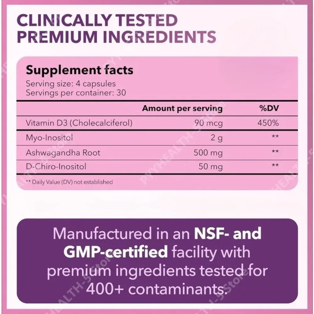 40:1 Myo-Inositol and D-Chiro Inositol Capsules, Vitamin D3 Ashwagandha, 120 Count Daily Wellness Supplement - Image 6