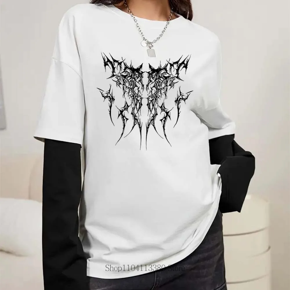 Women Line Print Graphic Fake Two Long Sleeved T-shirts Fashion Gothic Retro Casual Loose Fake Two Long Sleeved T-shirt - Image 6