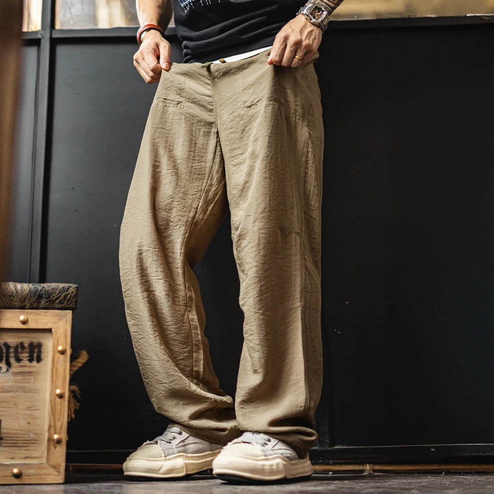 Maden Men's Vintage Chino Pants Lightweight Linen-Blend Trousers with Elastic Waist Casual Khaki Baker Pants for Summer and Fall - Image 2