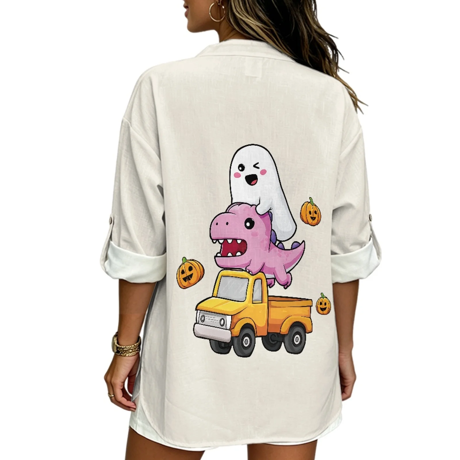 INSTANTARTS Women's Linen V-Neck Shirt Short Woman plus size clothing Sleeve T-shirts Women Poleras Blusas Autumn Solid Color - Image 3