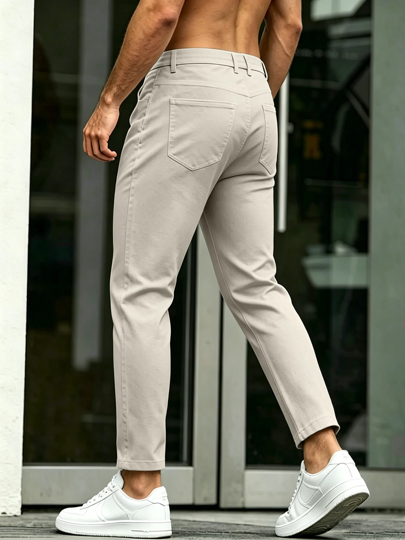 Men Slim Fit 5 Pocket Tapered Ankle Cropped Chino Pants, Wrinkle Resistant Polyester Solid Apricot Business Casual Trousers - Image 4