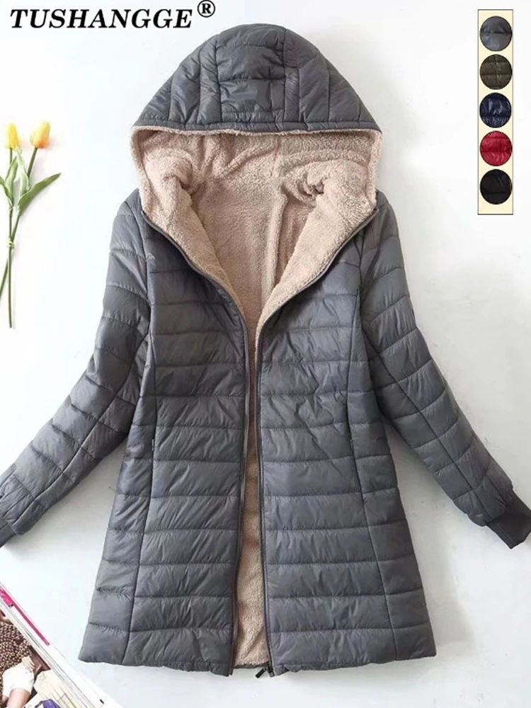New Mid Length Korean Edition Hooded Fit Women Jackets Autumn Winter Mid-length Office Cotton Coats Warm Lamb Fleece Parkas - Image 4