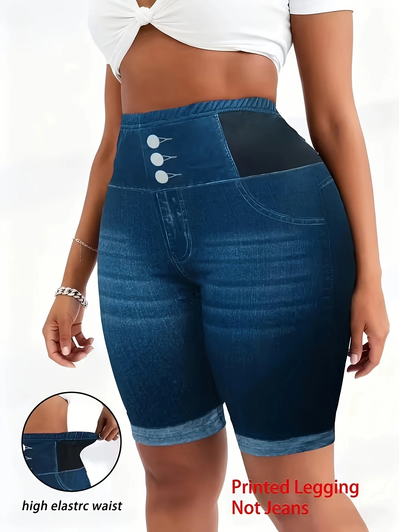 Plus Size Tummy Control Biker Shorts, Chic 3-Button Faux Denim Cycling Shorts, High Waist Slimming Yoga Bottoms for Curvy Women - Image 3