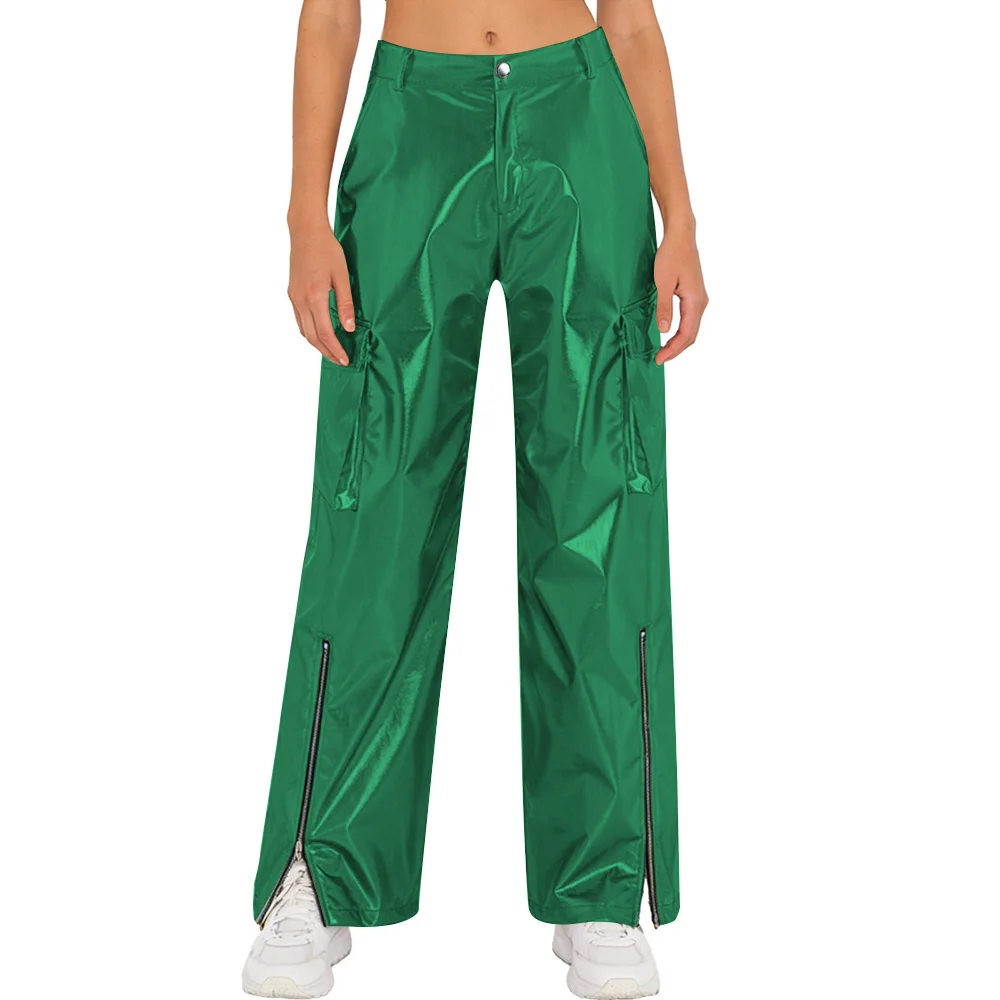Plus Size Metallic Shiny Pocket Wide Legs with Zipper High Waist Gothic Club Straight Pants Music Party Show Womens Cargo Pants - Image 5