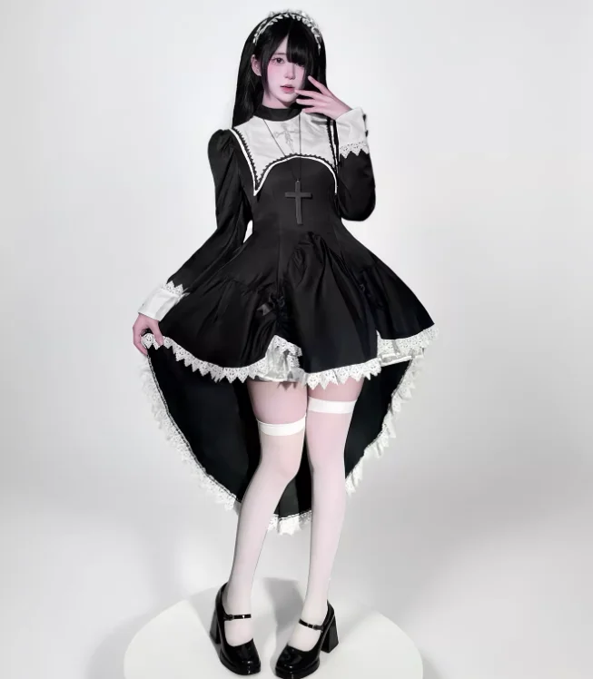 Plus Size Temperament Japanese Gothic Punk Subculture Dark COS Dress Fashion High Waist A-line Halloween Nun Irregular Dresses - Image 2