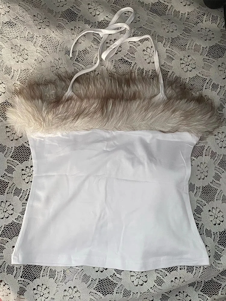 2026 Summer Women Y2K Grunge Goth Streetwear Sexy Faux Fur Trim Cross Letter Print Slim Fit Cropped Halter Neck Cami Tank Top - Image 6