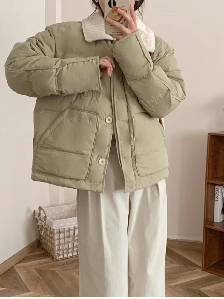 Korean Fashion Puffer Parka Women Contrast Collar Big Pocket Thick Warm Oversized Loose Fit Winter Coat Casual Daily Outfit 2026