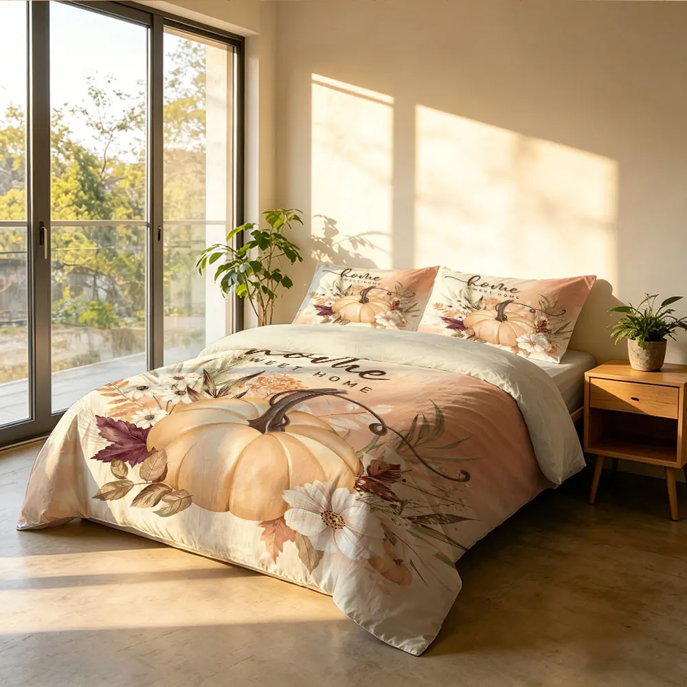 Vintage Fall Pumpkin Home Sweet Home 3Pcs Duvet Cover Set Floral Harvest Bedding Set Soft Farmhouse Bedroom Decor - Image 4