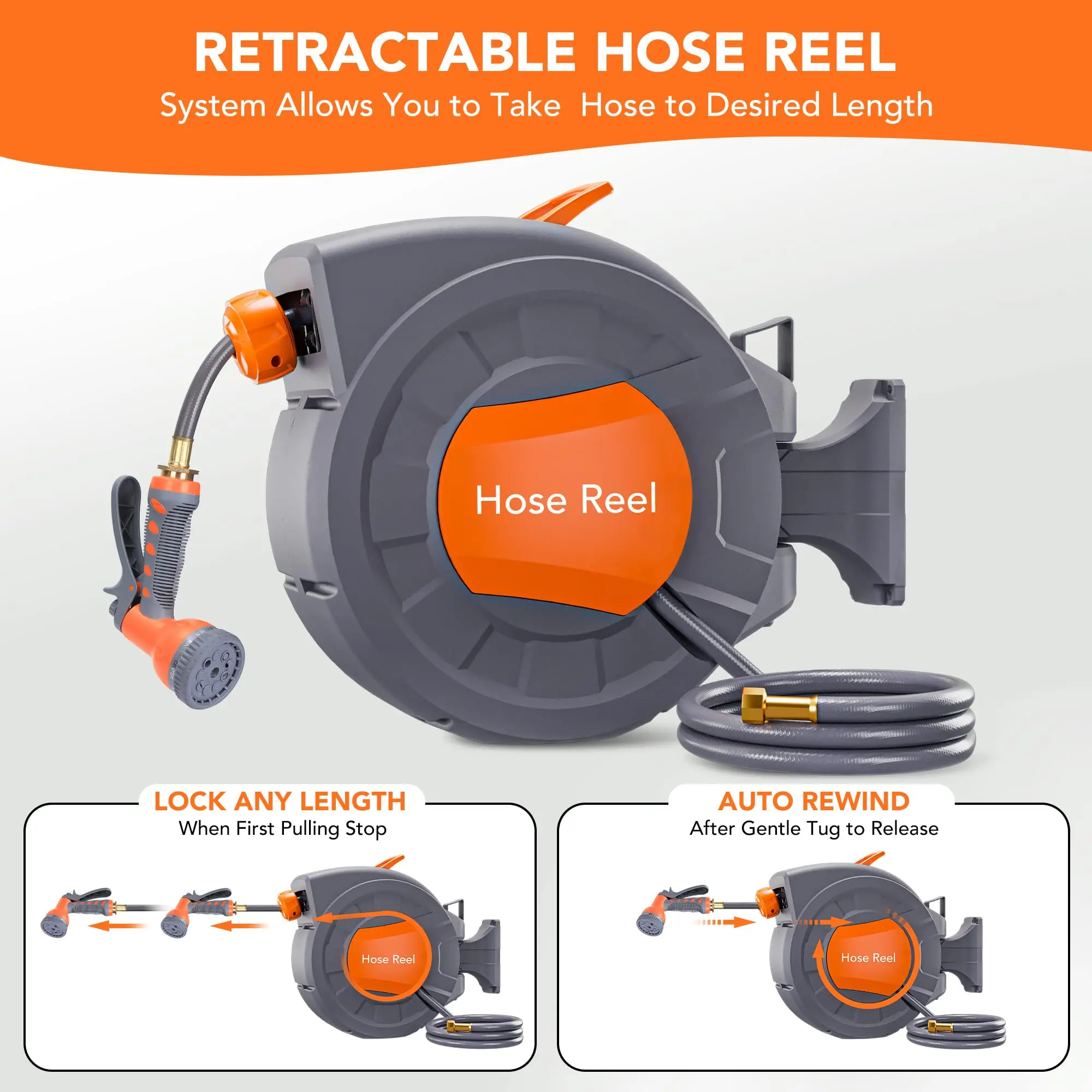 Retractable Garden Hose Reel - 1/2 in x 100 ft, Wall Mounted, 9-Function Sprayer, Any Length Lock, 180° Swivel, Automatic Rewind & Slow Return System