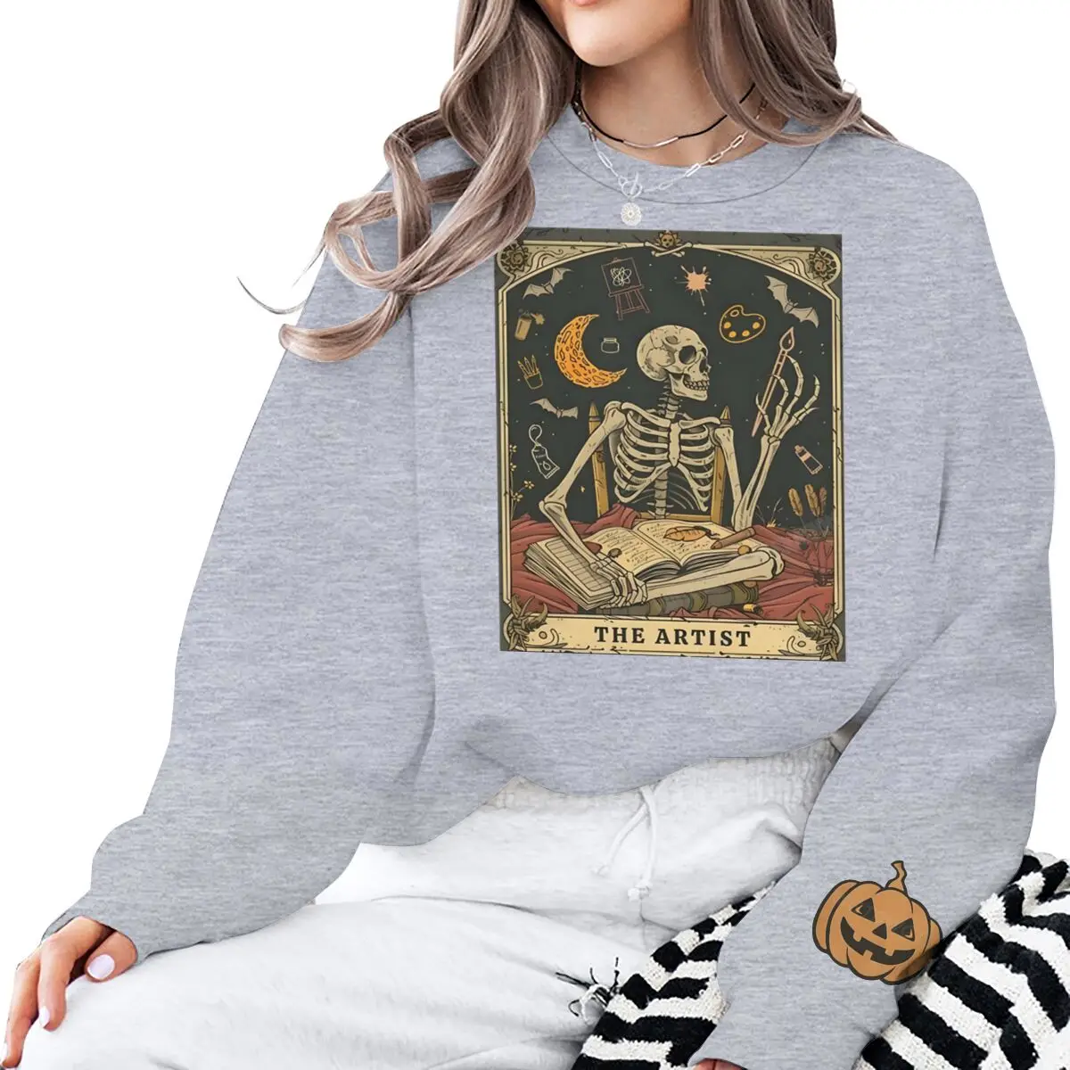 Halloween Skeleton Lovers Card Print Sweatshirt Women's Crew Neck Spooky Season Tops Long Sleeve Vintage Halloween Sweatshirts - Image 4