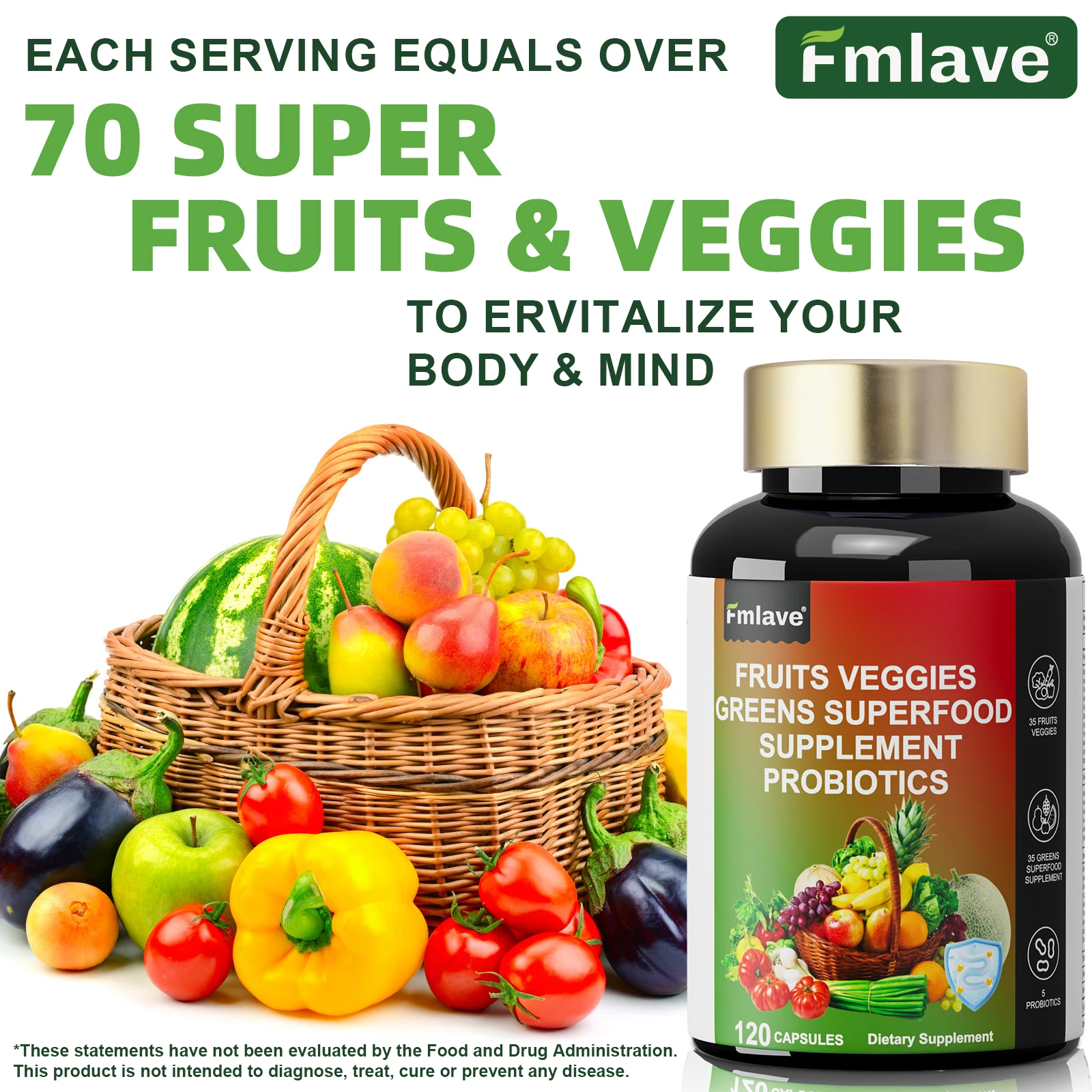 Fmlave Fruits and Veggies Supplement Reds & Green Superfood - Balance of Over 70 Fruit & Vegetable Supplements Capsules with Probiotics Prebiotics Digestive --120Caplules - Image 6