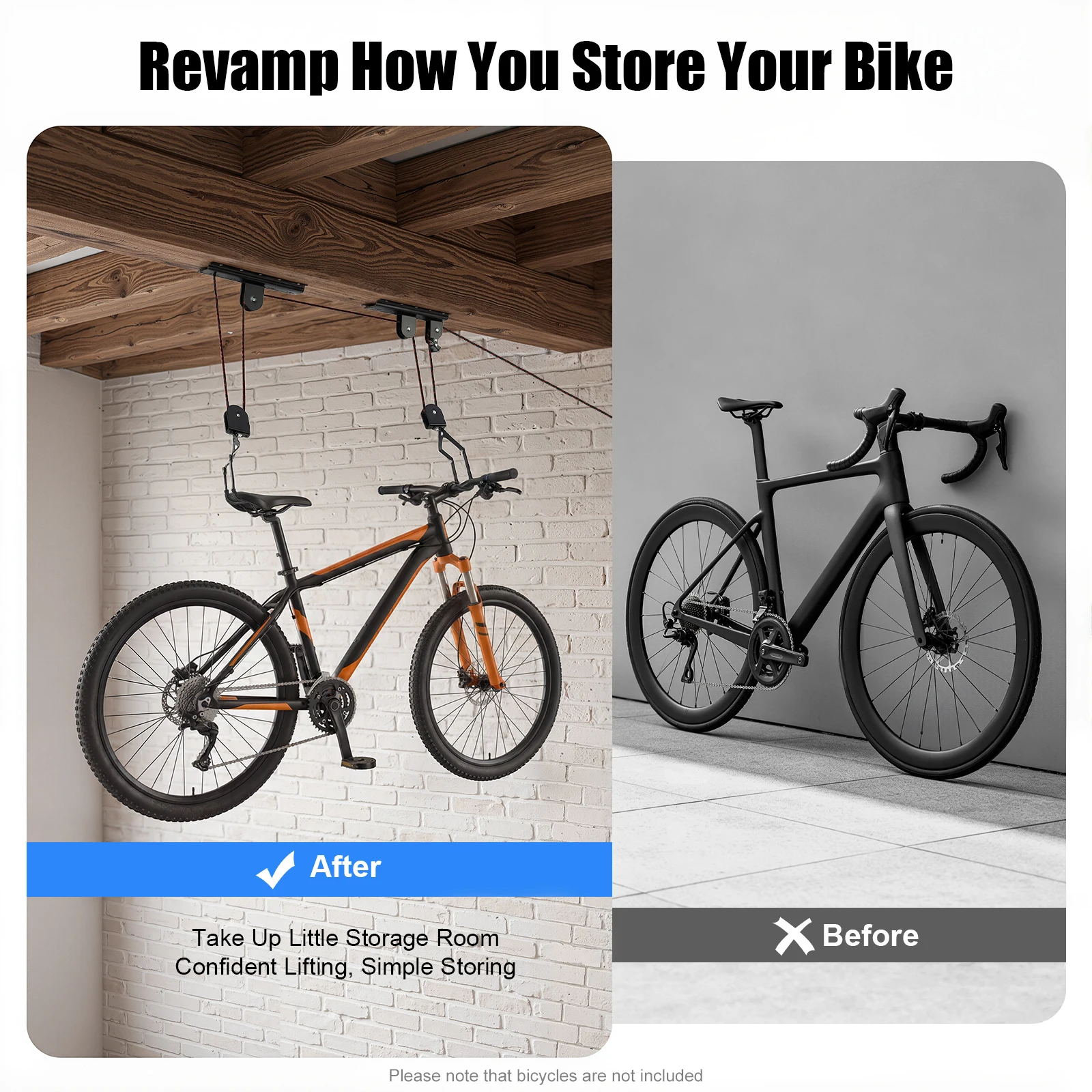 Bike Hoist for Garage Ceiling, Bike Car Carrier Rack, Bicycle Wall Mount Storage System, Pulley Lift, Coated Hooks, Safety Straps, Easy Install Ceiling Hanger for Mountain Bike Road Bike, Space Saving Organizer S Hook Rope - Image 7