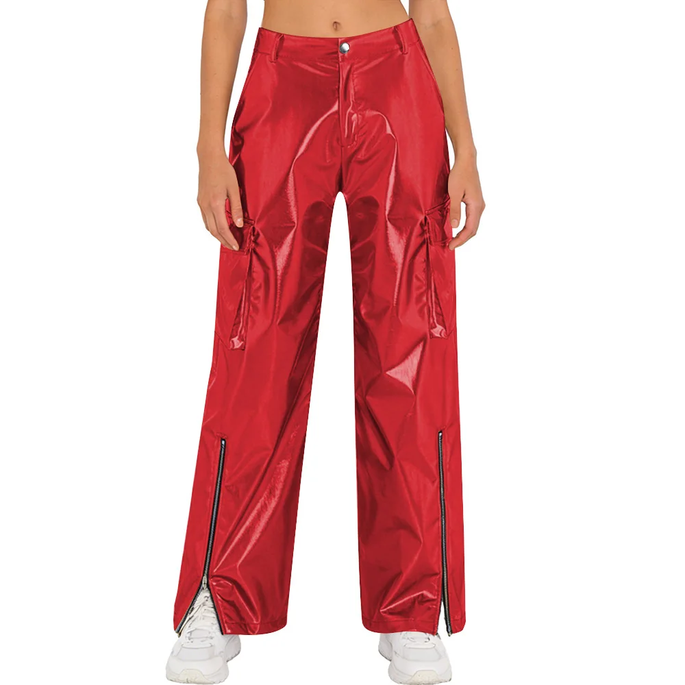 Plus Size Metallic Shiny Pocket Wide Legs with Zipper High Waist Gothic Club Straight Pants Music Party Show Womens Cargo Pants - Image 6
