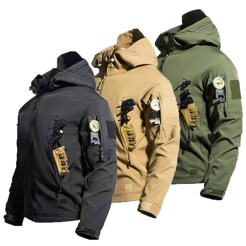 Mens Winter Autumn Cargo Fleece Jackets Sharkskin Military Hoodie Outdoor Coats Hiking Camping Climbing Army M-5XL Tactical