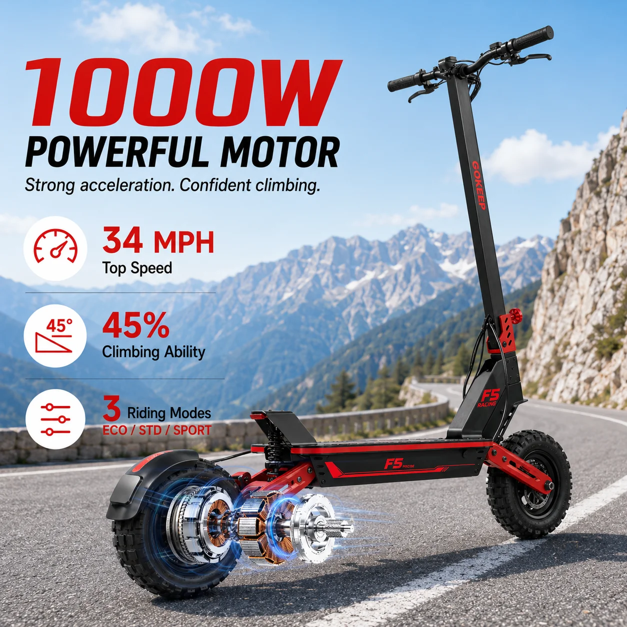 1000W off-road electric scooter, 52V brushless motor, NFC start, foldable, shipped from the United States, commuter vehicle - Image 2