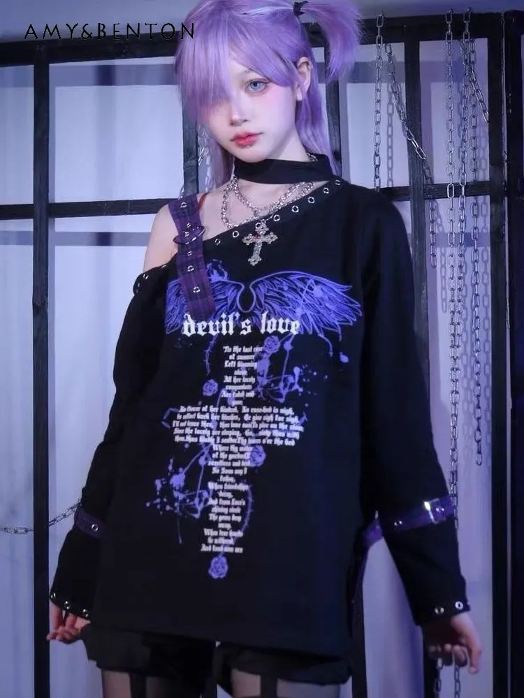 Subculture Punk Dark Goth Millennial Y2k Hot Girl Off-shoulder Long-sleeved Top Women Plus Size Summer New Letter Print T-shirt - Image 5