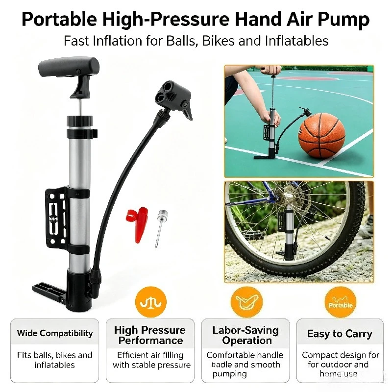Mini Bike Pump Portable Bicycle Tire Inflator Ball Air Pump W/ Mount Frame For Mountain Road Bike, Portable High Pressure Hand Bike Pump, Mini Manual Bicycle Air Pump with Ball Needle For Basketball Bike Tire Inflation