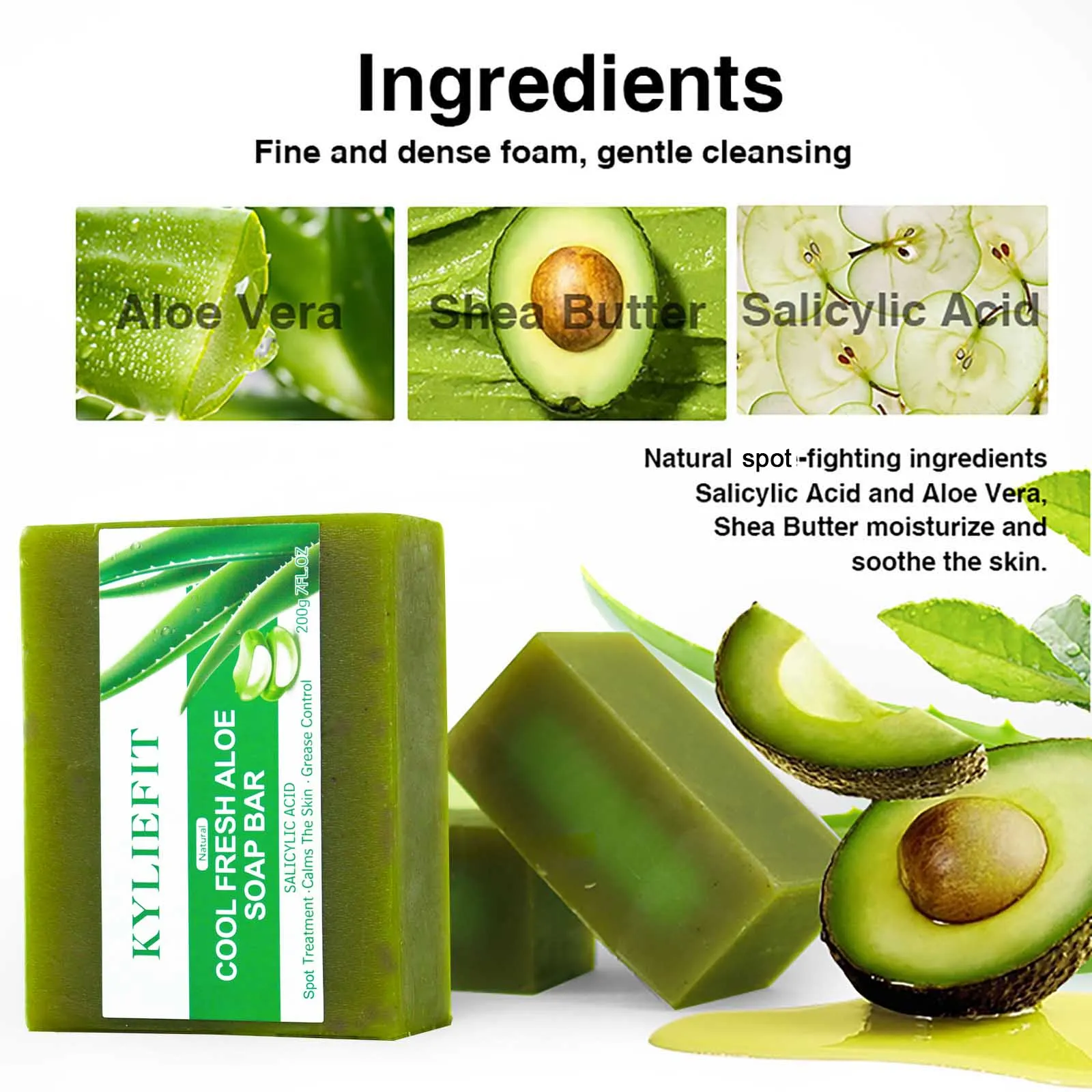 Aloe Brightening Soap Bar, Remove Dark Spots, Sun Spots, Acne, Oil Control, Clean Stains, Exfoliation, For Face and Body, 200g - Image 3