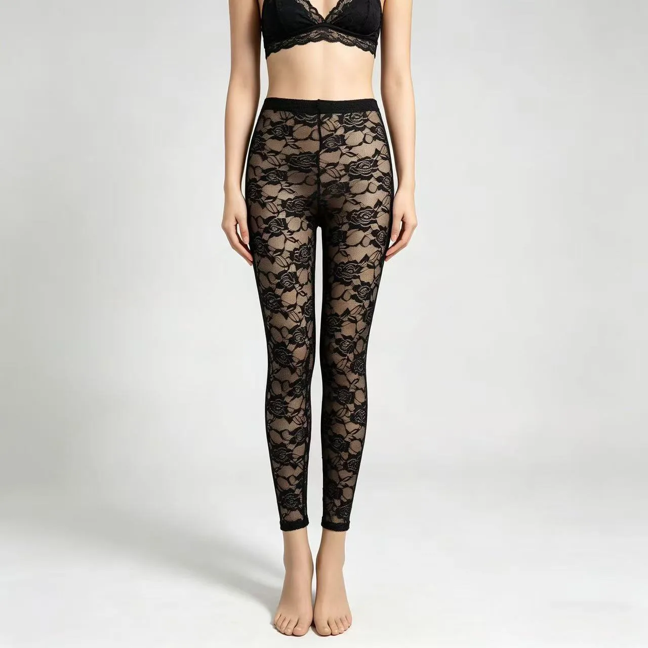 Summer Women Rose Floral Embroidery Full Ankle Length Leggins Hollow Out Lace High Waist Skinny Long Leggings Plus Size One Size