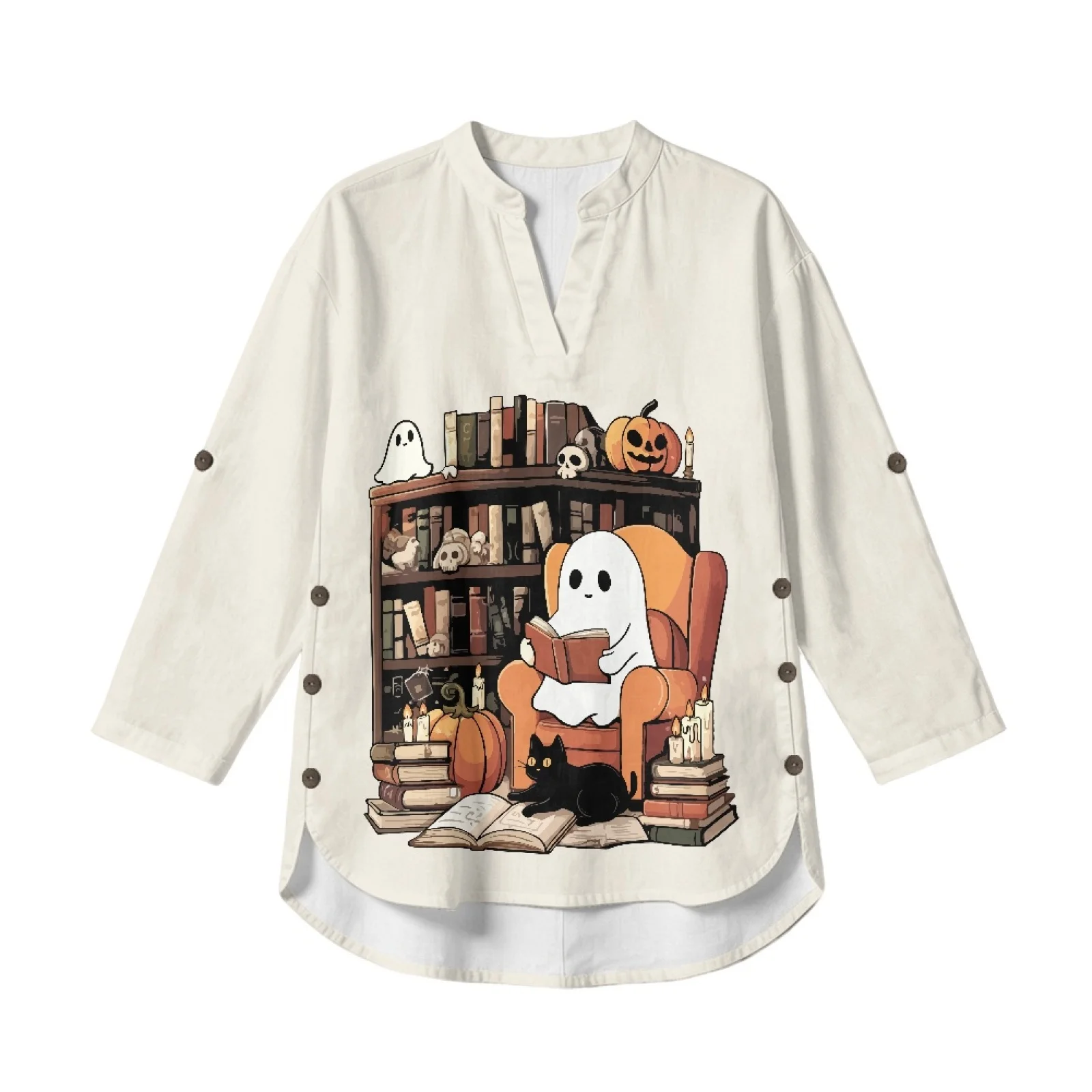INSTANTARTS Women's Linen V-Neck Shirt Short Woman plus size clothing Sleeve T-shirts Women Poleras Blusas Autumn Solid Color - Image 2