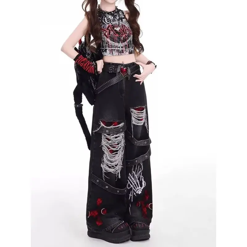 American Style Spicy Girl Loose Lazy and Relaxed Denim Pants Female punk Retro Washed Fashionable Versatile Casual Pants - Image 2