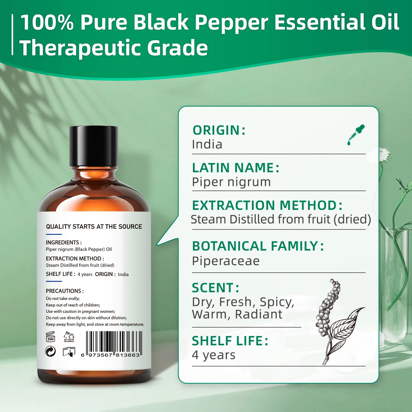 100ML Black Pepper Essential Oils, HIQILI 100% Pure Spice OIil Used for Diffuser, Humidifer, Relieving Stress, Making candles - Image 3