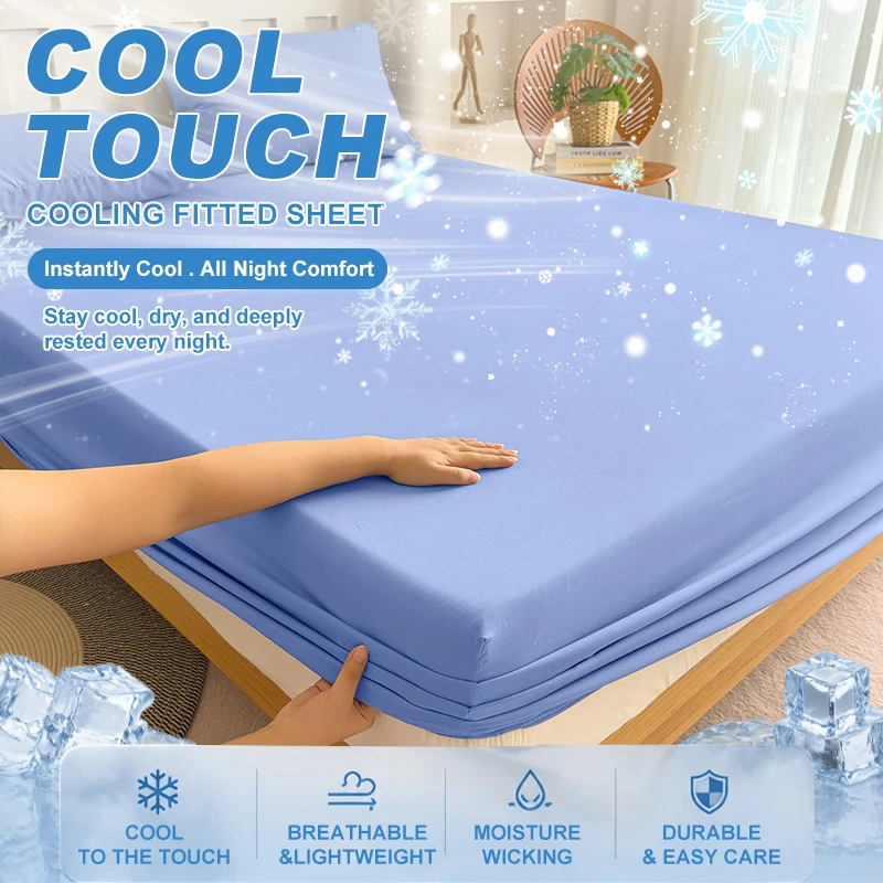Summer Cooling Fitted Sheet Breathable Fabric With Elastic Band Solid Color Skin-friendly Fitted Sheet Cooling For Night Sleep