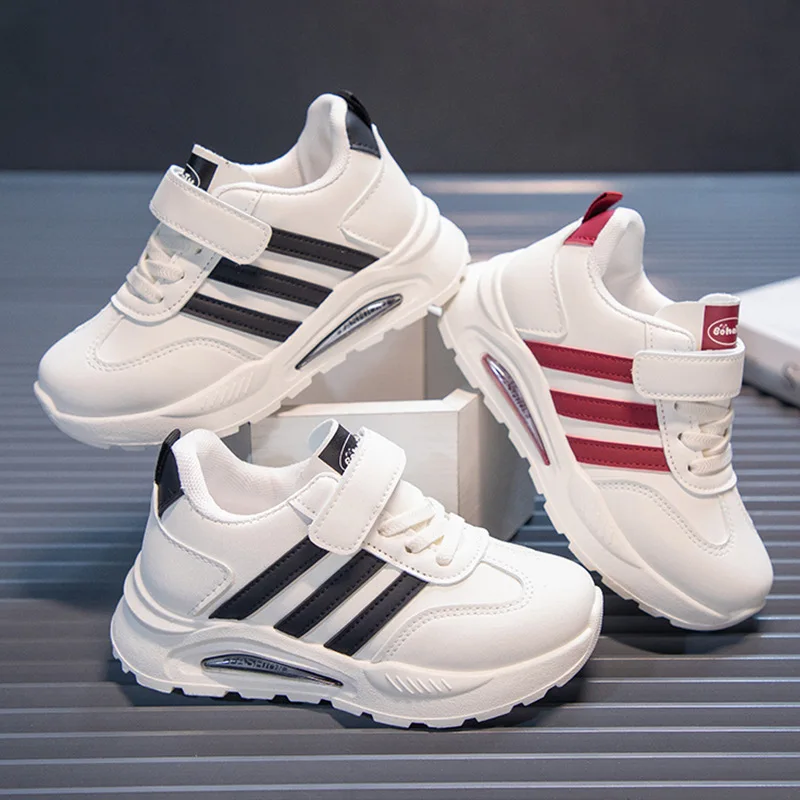 2026 New Spring Fall Sport Shoes for Boys Fashion Patchwork Stripes Dad Sneakers for Girls Black Khaki Gray Kids Trainers
