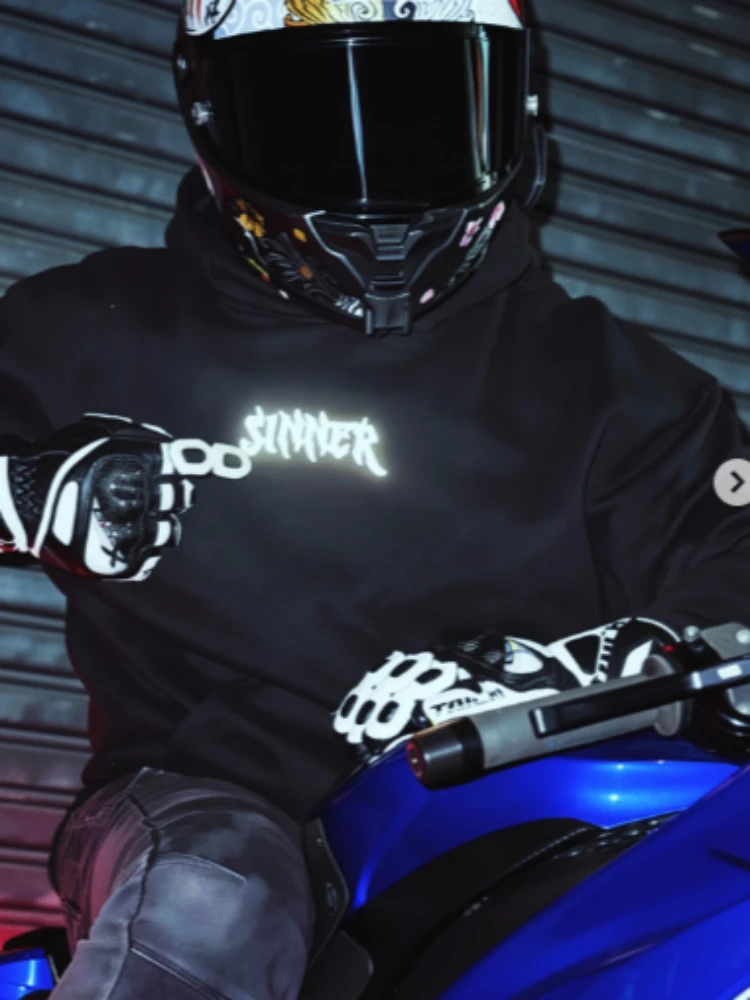 Mens Gothic Sinner Letter Print Reflective Hoodie Streetwear Unisex Hooded Sweatshirt Y2K Punk Hip Hop Loose Pullover Top New - Image 5