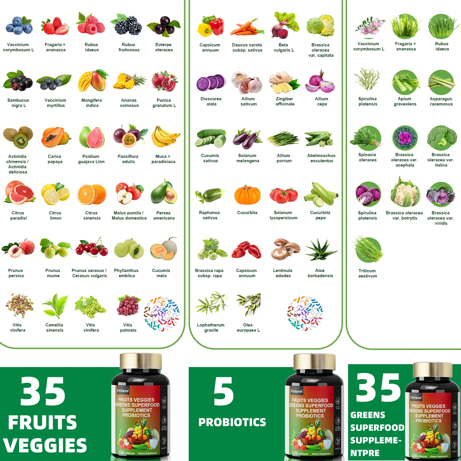 Fmlave Fruits and Veggies Supplement Reds & Green Superfood - Balance of Over 70 Fruit & Vegetable Supplements Capsules with Probiotics Prebiotics Digestive --120Caplules - Image 2