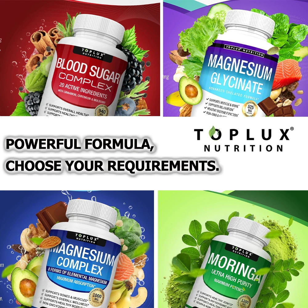 Premium Magnesium Complex Supplement 1000mg Magnesium Glysinate 525mg Blood Sugar Complex 940mg Moringa Capsules 1200mg Non-GMO