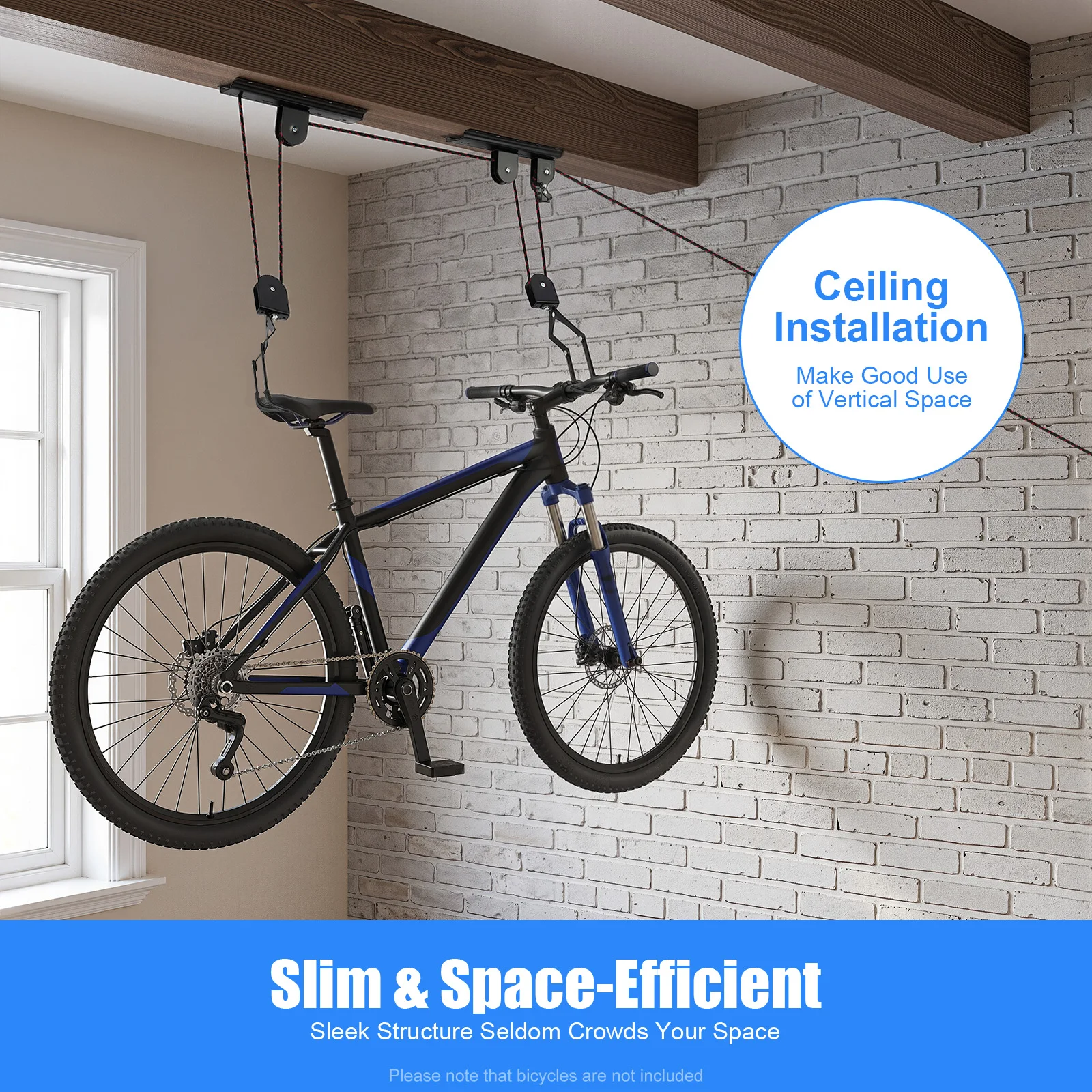 Bike Hoist for Garage Ceiling, Bike Car Carrier Rack, Bicycle Wall Mount Storage System, Pulley Lift, Coated Hooks, Safety Straps, Easy Install Ceiling Hanger for Mountain Bike Road Bike, Space Saving Organizer S Hook Rope - Image 4