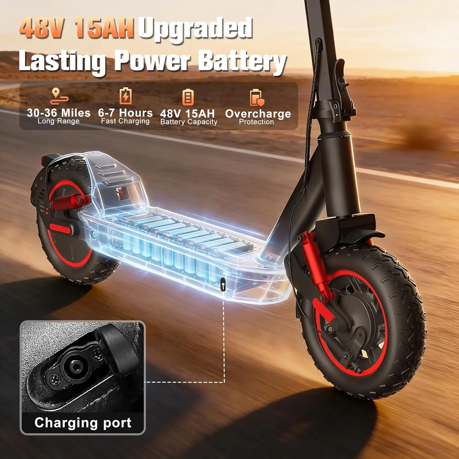 OBX Electric Scooter 1200W Motor for Adults 48V Battery 30mph Max Speed Up to 35Miles Range 10 Inch Tires - Image 3