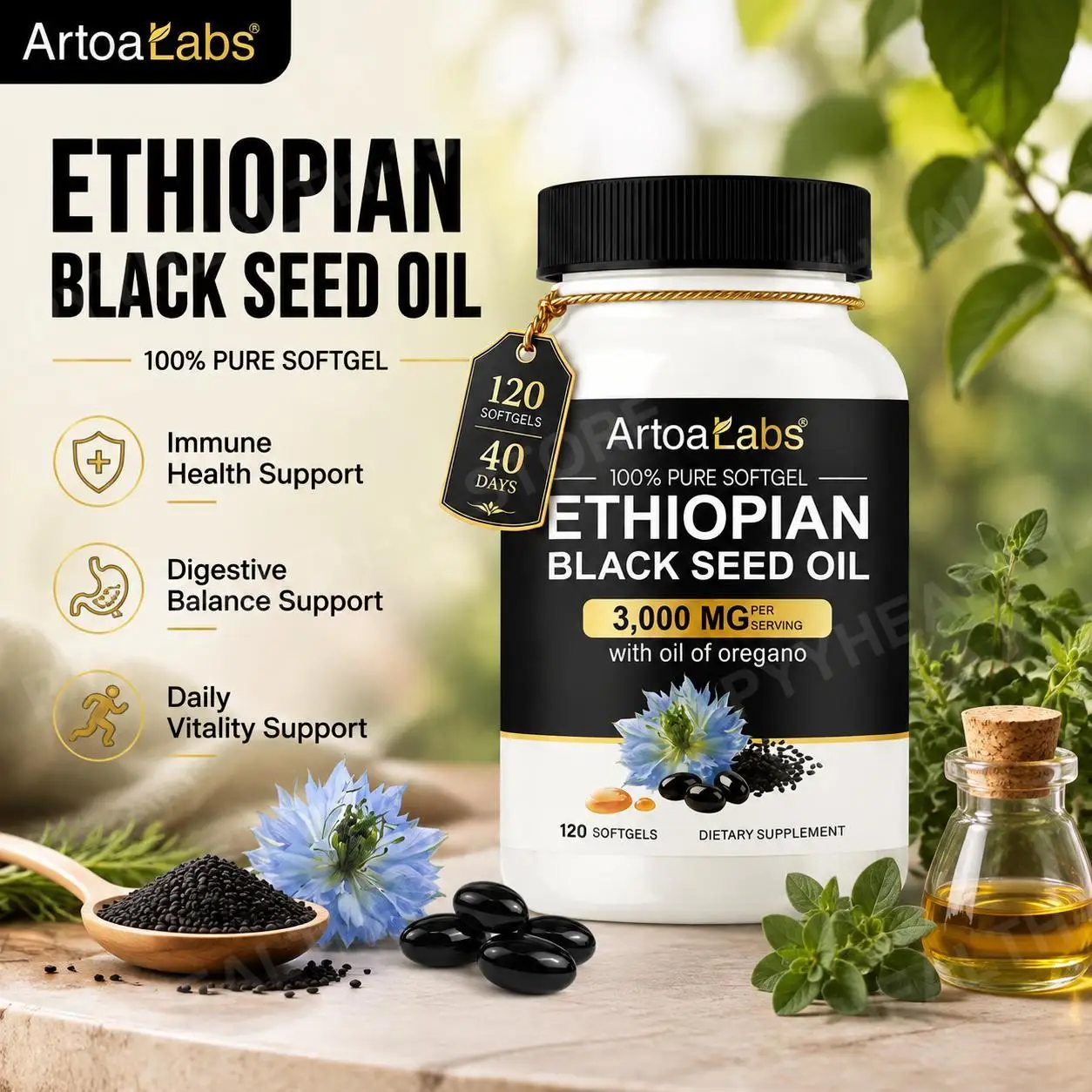 Ethiopian Black Seed Oil Softgels 3000mg with 100mg Oregano Extract for Immune Digestive and Daily Vitality Support 120 Count