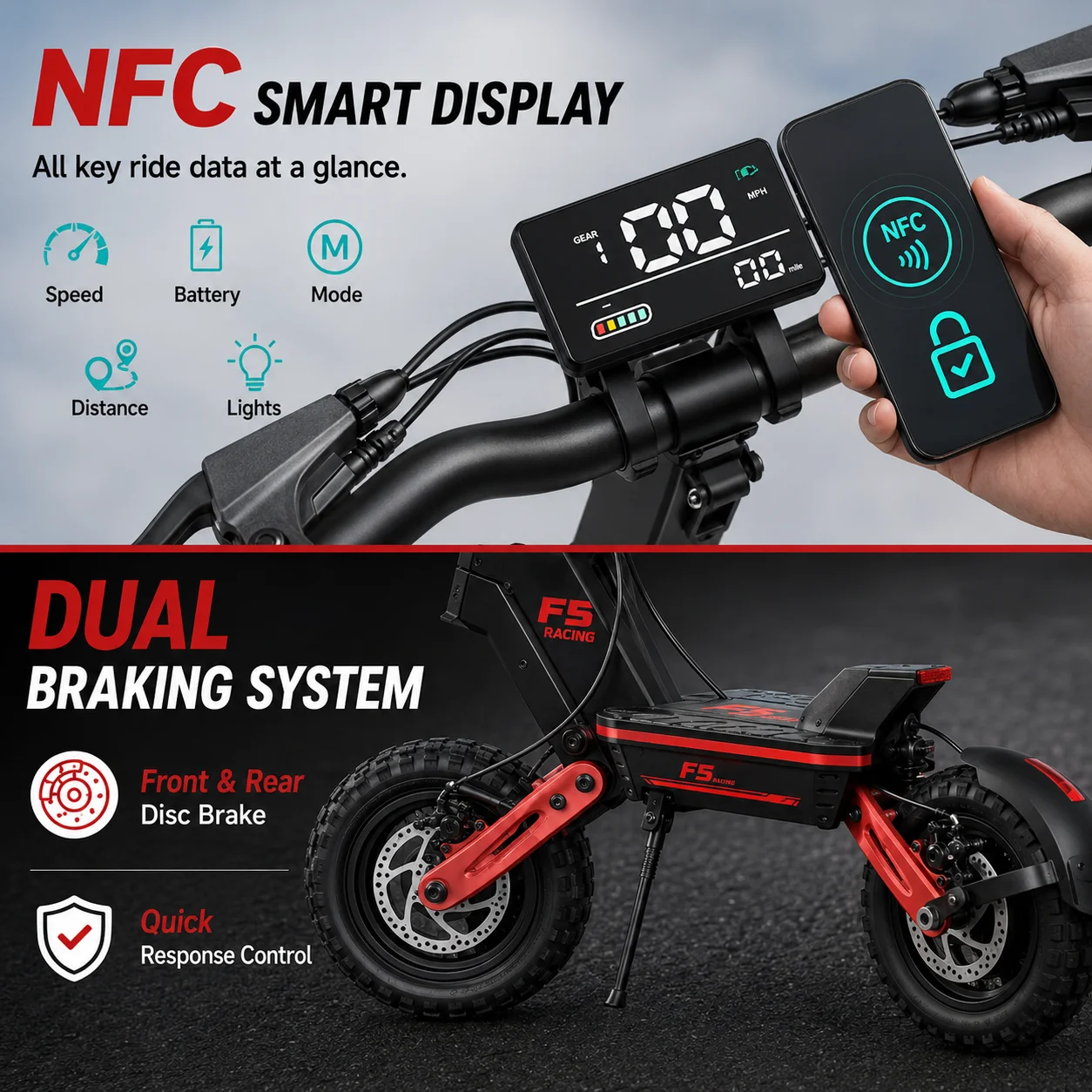 1000W off-road electric scooter, 52V brushless motor, NFC start, foldable, shipped from the United States, commuter vehicle - Image 5