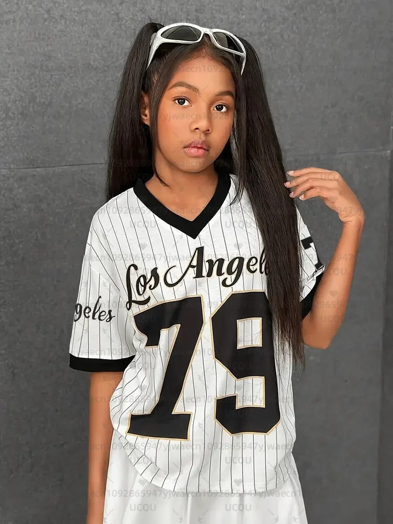 Girls Casual Sports Style Los Angeles NO.79 Print Short Sleeve V-Neck Women's Children Men's T-shirt Tops