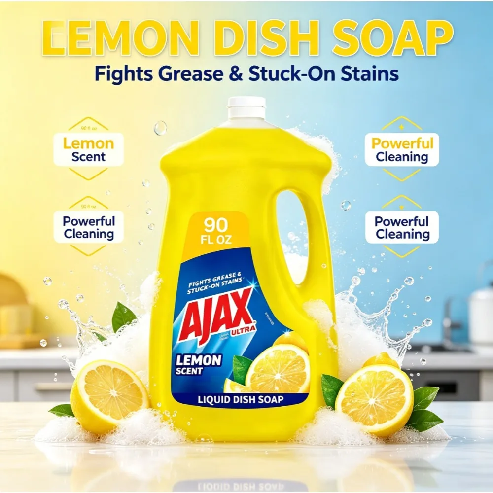 90 FL oz Ajax Ultra Dishwashing Liquid Bottle, Lemon Fresh Scent Super Degreaser Liquid Dish Soap, Powerful Grease Cleaner for Daily Kitchen Use