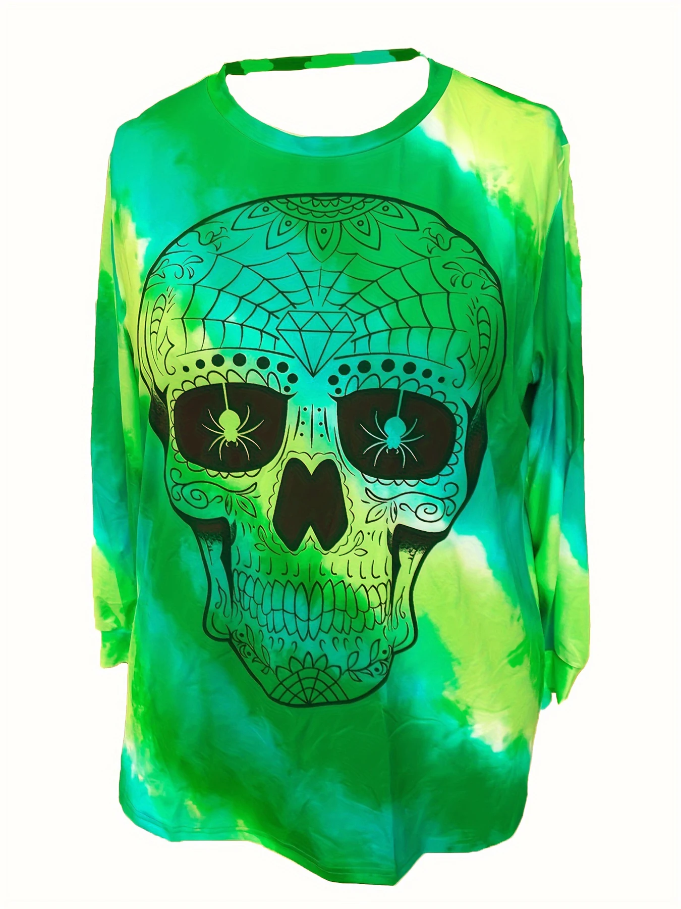 Plus Size Gothic Tops for Women Abstract Skull Print Tie Dye Long Sleeves Crew Neck Loose Fit Tunic Top - Image 3