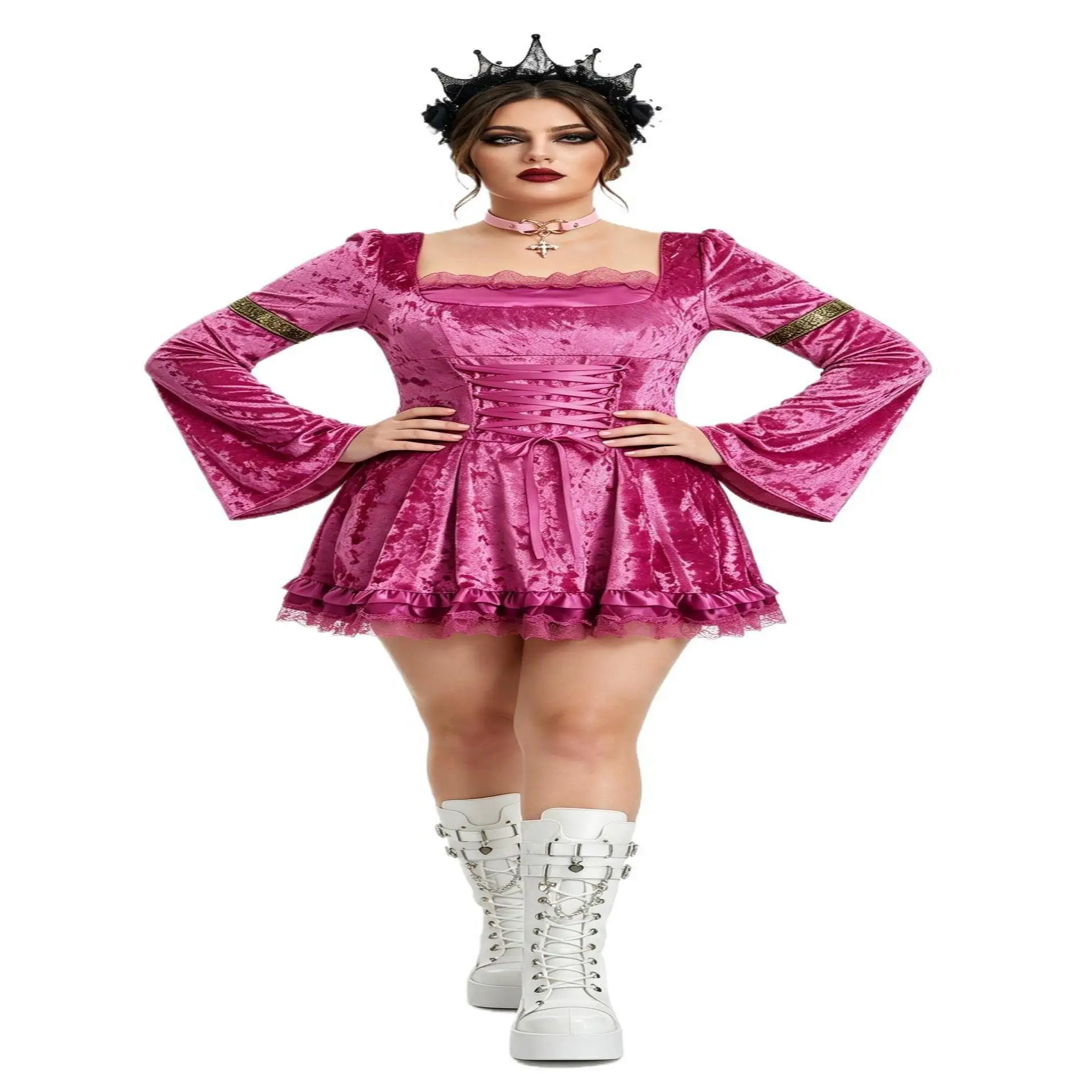 Gothic Style Dark Lace Dress Halloween Performance Costume plus Size Skirt Elegant Female T-Shirt Dress PVC Material - Image 2