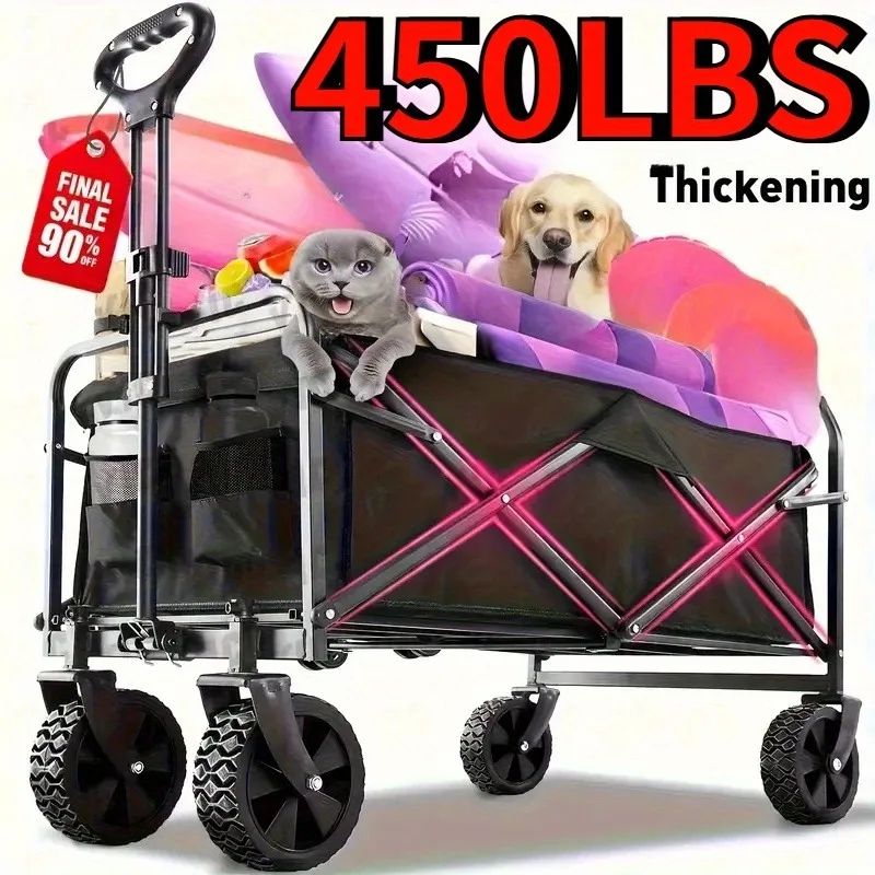 Black Heavy Duty Folding Utility Cart Large Capacity All Terrain Multifunctional for Yard Sports Outdoor Gardening Equipment Handling