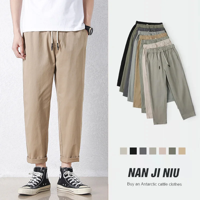 Good Quality Spring Summer Men's Casual Pants 95%Cotton Breathable Solid Color Outing Outdoor Elastic Waist Chino Trousers Male