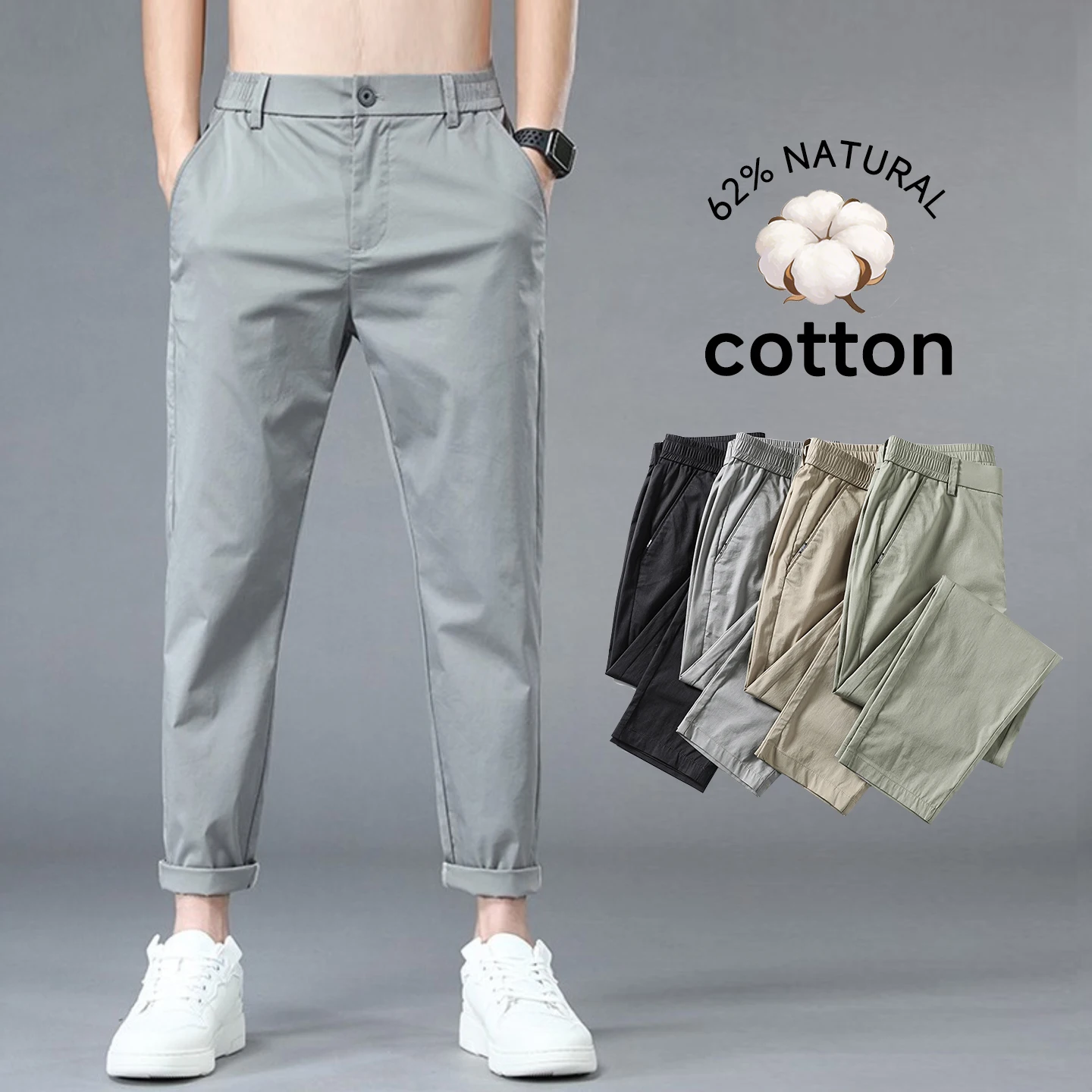 Summer Men's Cotton Ankle Length Casual Pants Thin Breathable Cotton Tapered Trousers Work Chino Khaki Baggy Harem Pants for Men