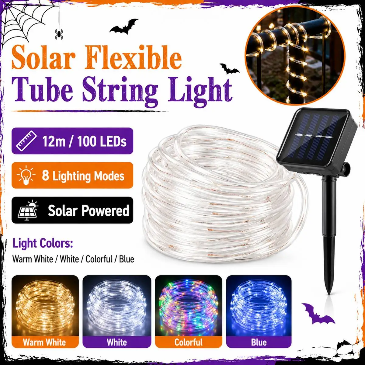 1pc Solar Halloween Tube String Lights 12M 100LED Outdoor Rope Lights, Solar Powered Flexible PVC Fairy Light with 8 Modes, Garden Fence Yard Patio Tree Decoration Lamp for Halloween Party Spooky Atmosphere Holiday Lighting