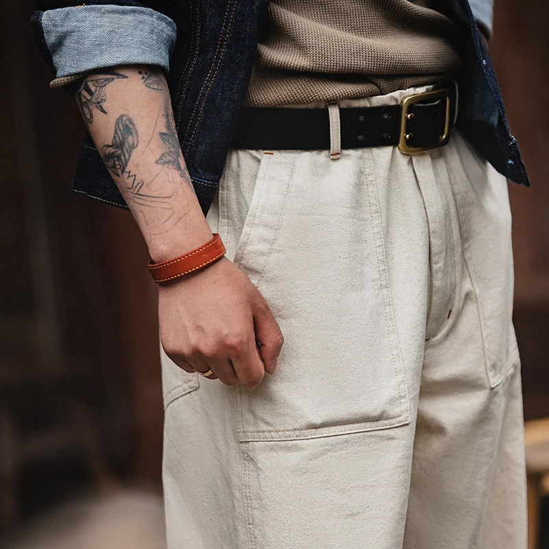Maden Vintage 11.2oz White Cottonseed Hull Jeans Casual Loose Fit Straight Trousers for Men's Spring and Fall Chino Cargo Pants - Image 4