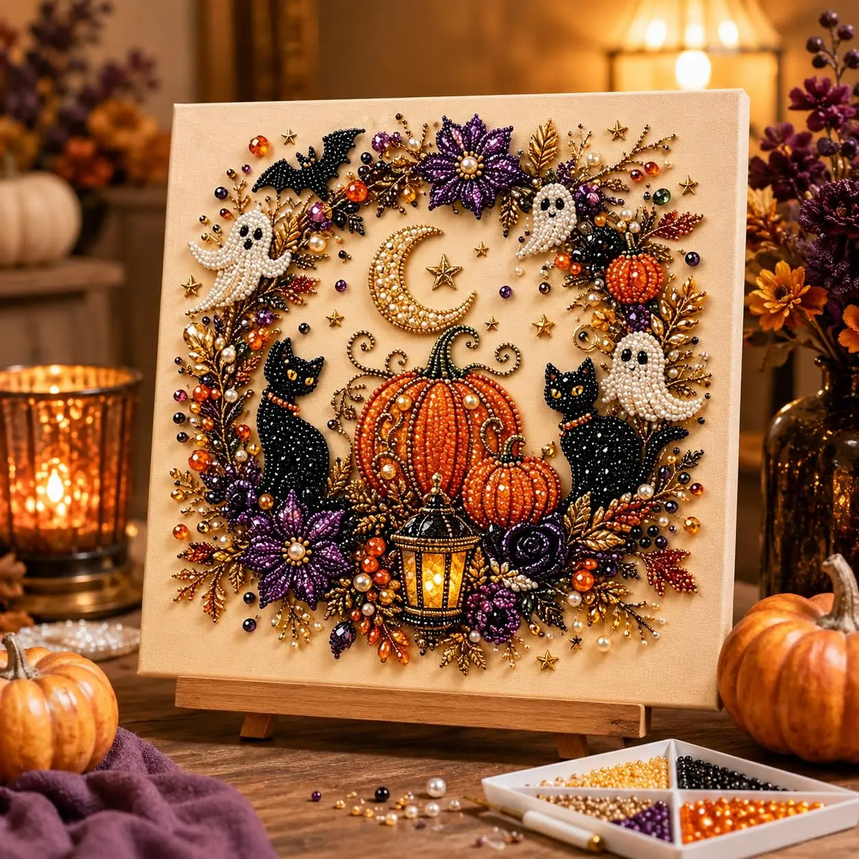 Halloween Ghost & Pumpkin 3D Pearl Art DIY Kit for Adults Cute Spooky Diamond Painting Craft Kit