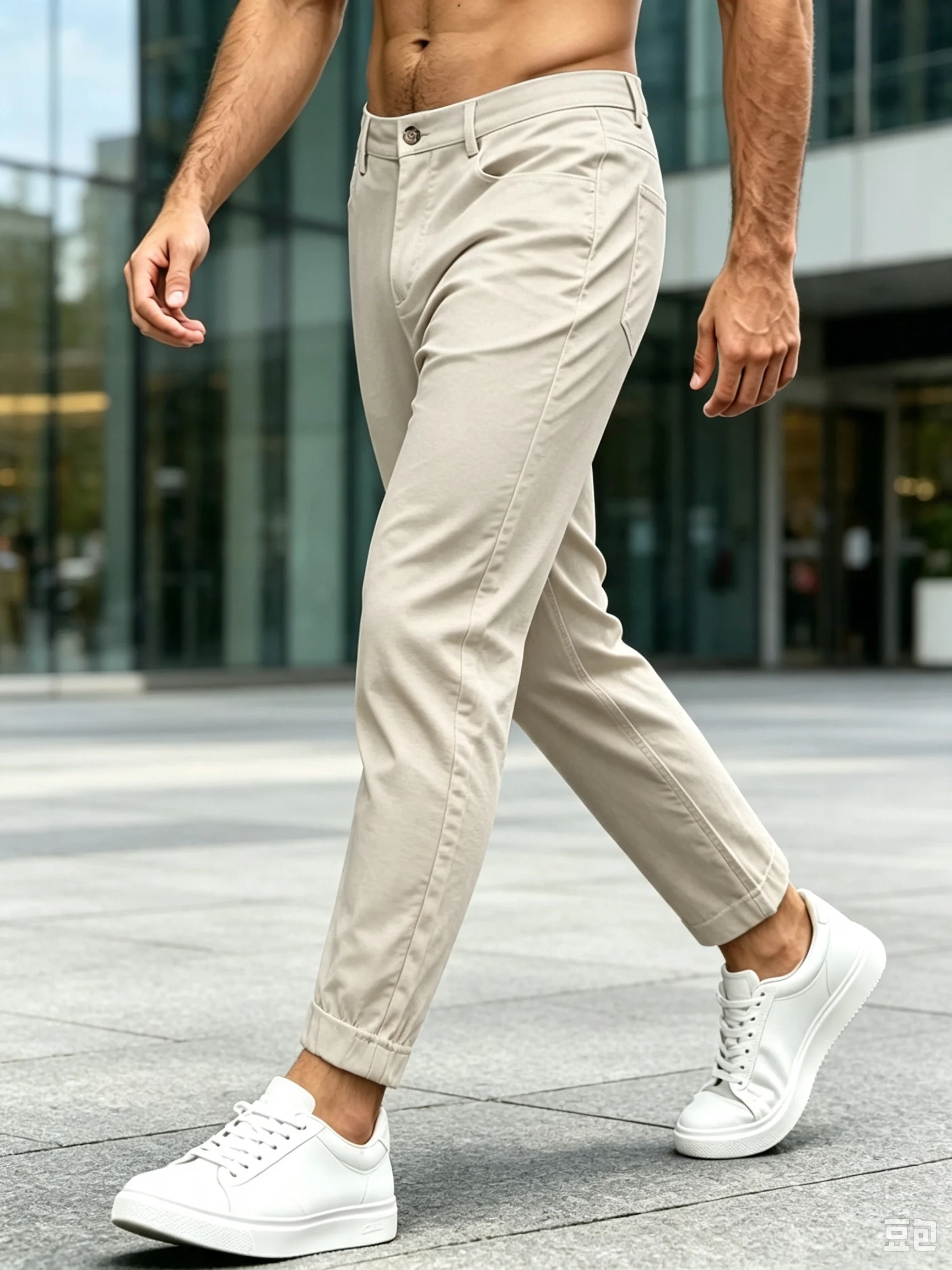 Men Slim Fit 5 Pocket Tapered Ankle Cropped Chino Pants, Wrinkle Resistant Polyester Solid Apricot Business Casual Trousers